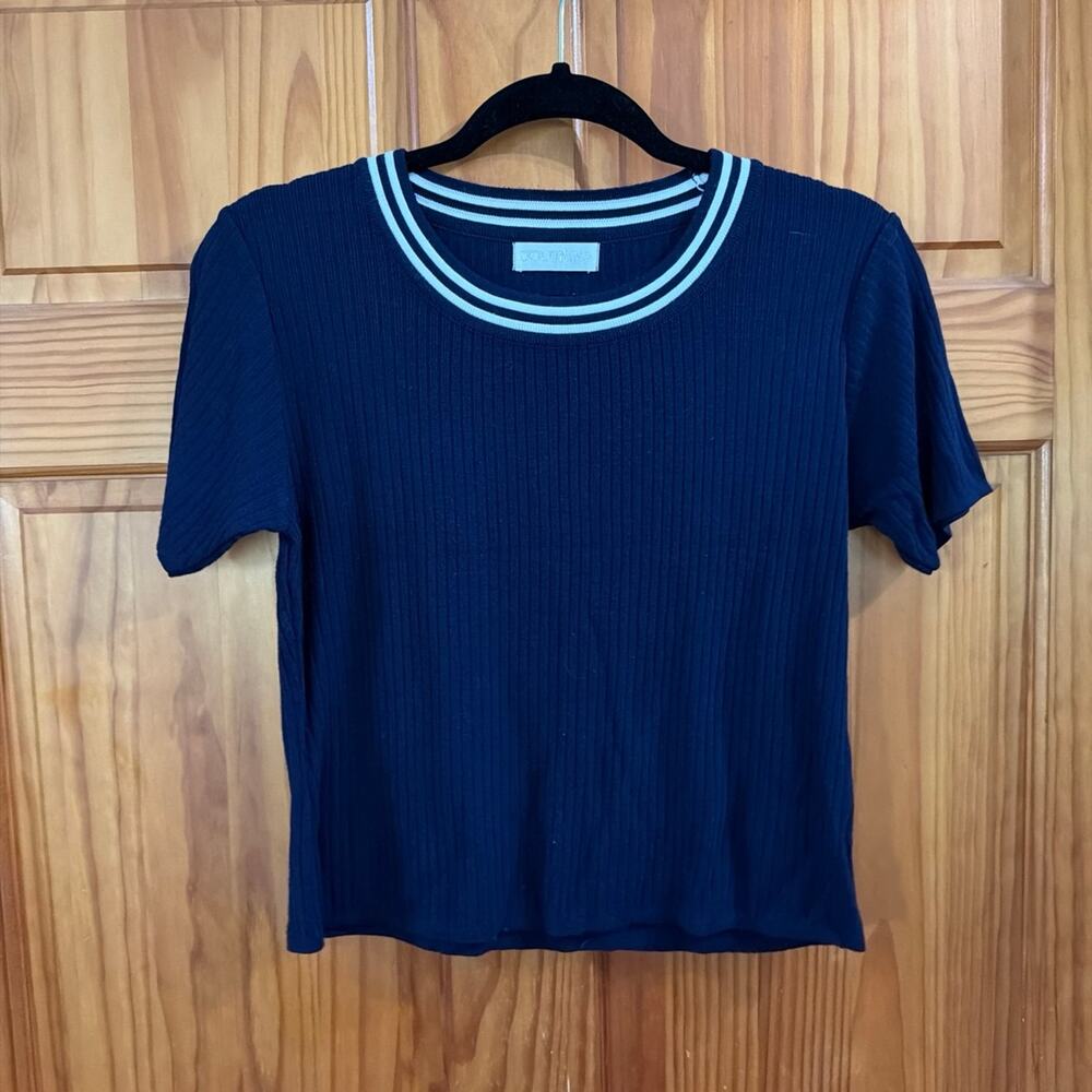 Navy Blue Ribbed Knit Top with White Stripe Collar (Very short) China Tag Size S